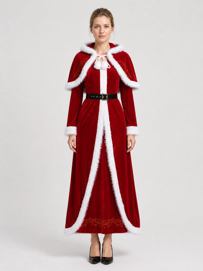 Red Christmas Costume with Hood and Fur Trim on-model view