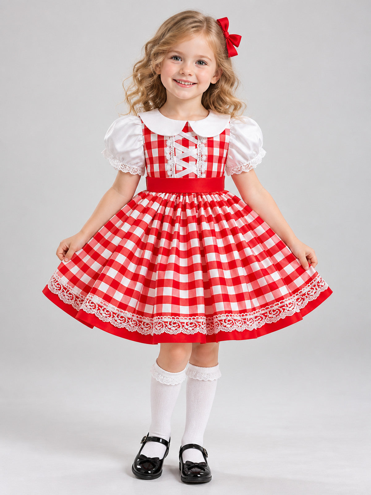 Girls' Holiday Dress in Red and White Check with Bow