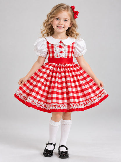 Girls' Holiday Dress in Red and White Check with Bow