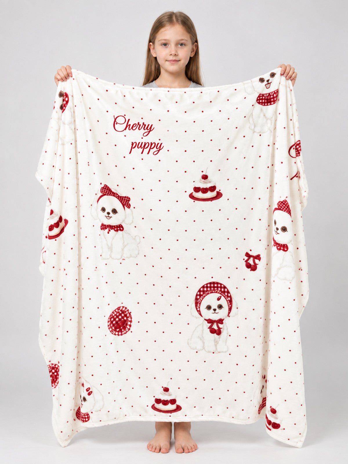 Double-sided blanket with a dog and cherry pastries print
