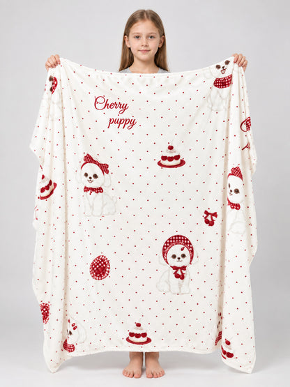 Double-sided blanket with a dog and cherry pastries print
