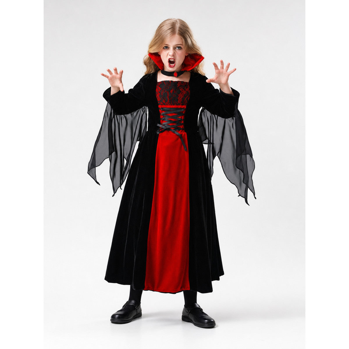 Halloween vampire costume with long dress and cape