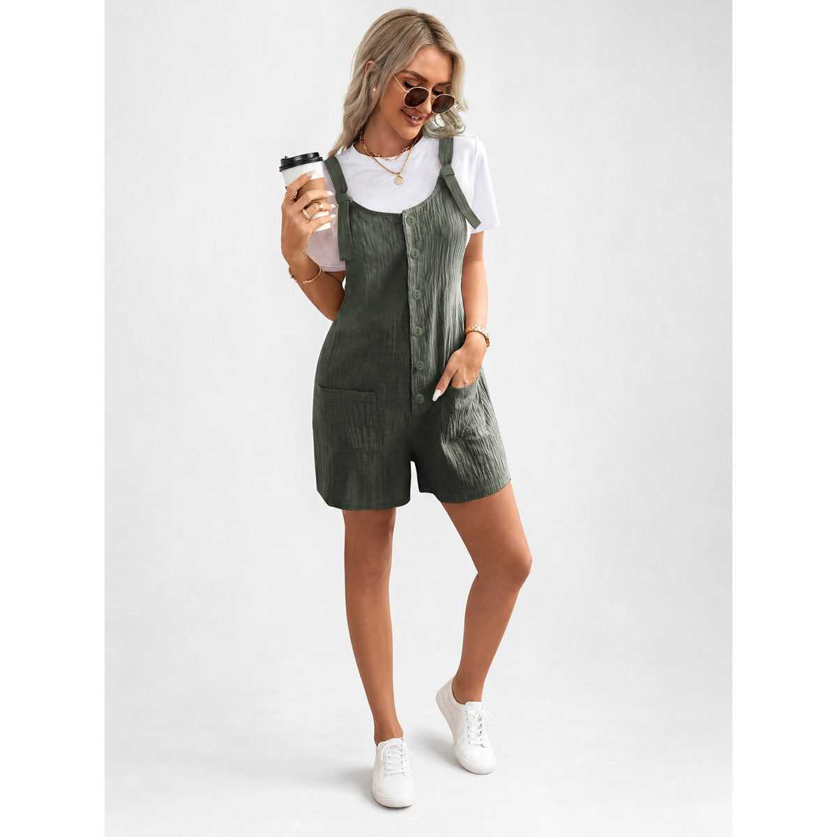 Women's khaki overall shorts with pockets