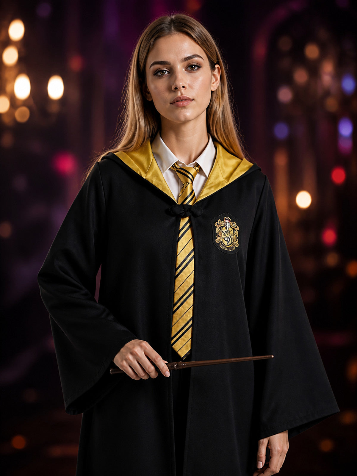Hufflepuff Long Hooded Wizard Robe Costume Set with Striped Tie for Halloween on-model view