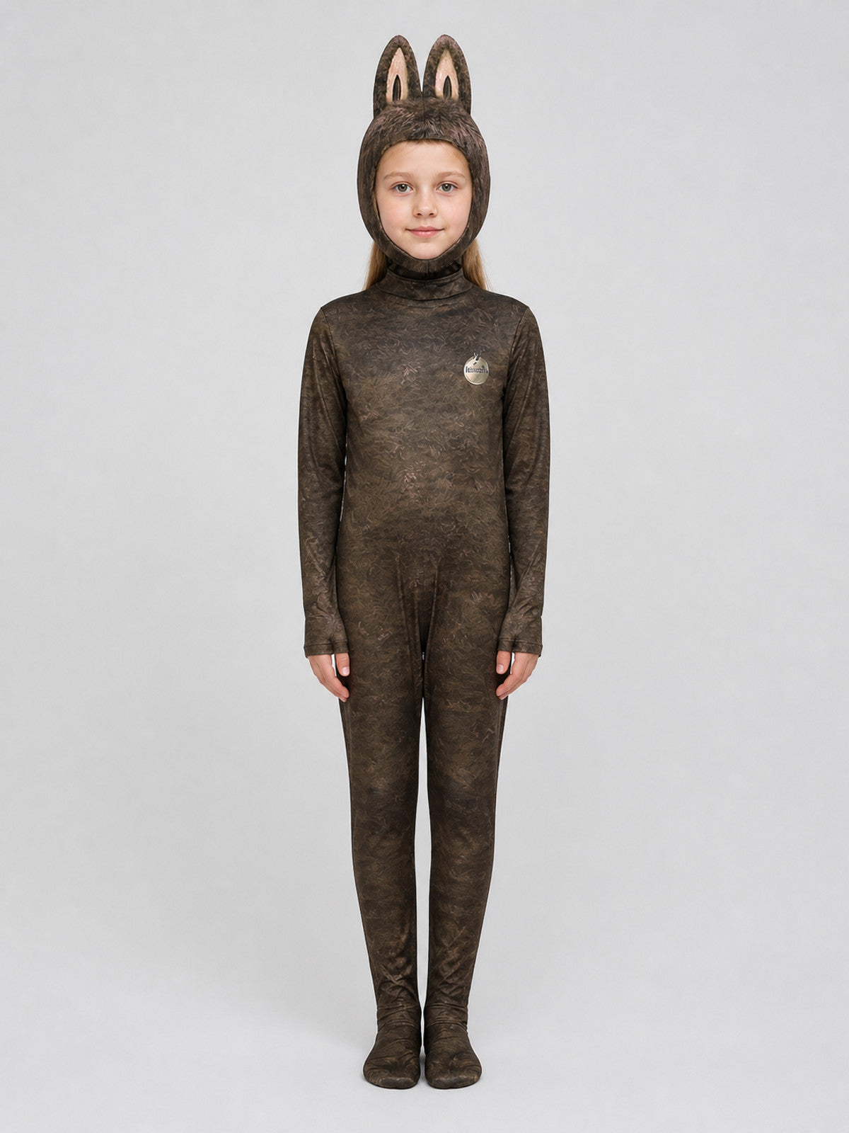 Labubu Cosplay Jumpsuit Costume, Brown, with Ears on-model view