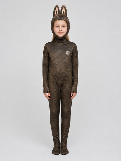 Labubu Cosplay Jumpsuit Costume, Brown, with Ears on-model view