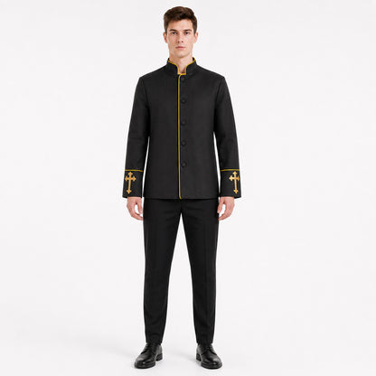 Black stand-collar jacket with gold trim
