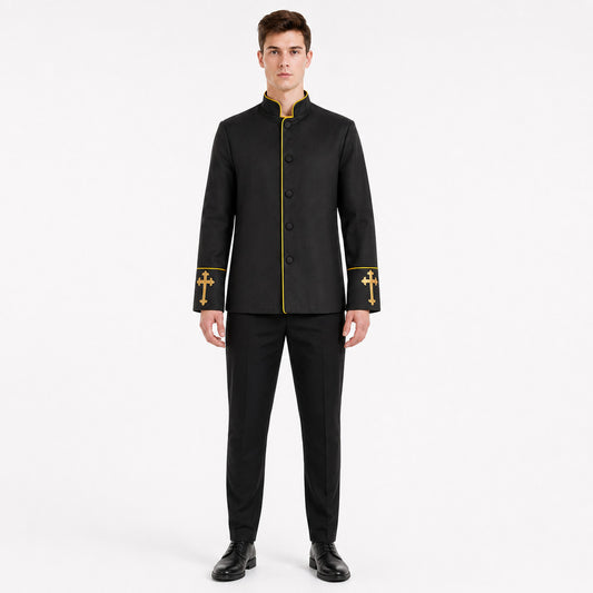 Black stand-collar jacket with gold trim