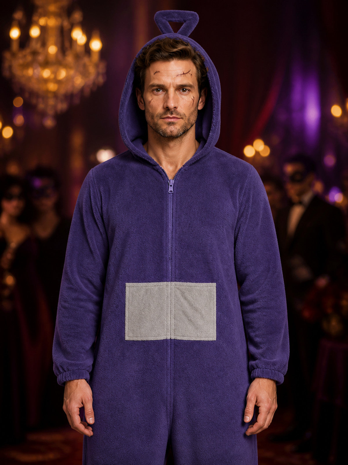 Adult Unisex Purple Cartoon Character Hooded Jumpsuit Costume, Front Zip Funny on-model view