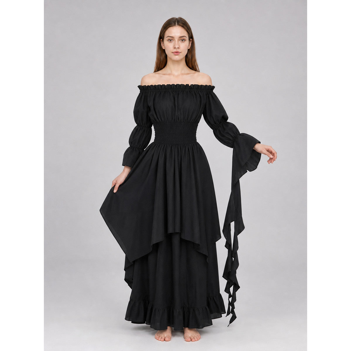 Black Off-the-Shoulder Maxi Dress with Ruffles