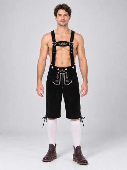 Black Knee-Length Suspender Shorts with Embroidery