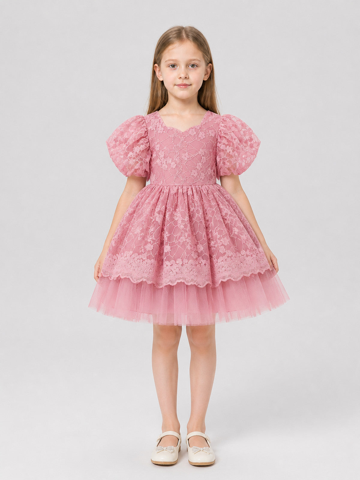 Girls’ Princess Dress with Full Skirt and Lace on-model view