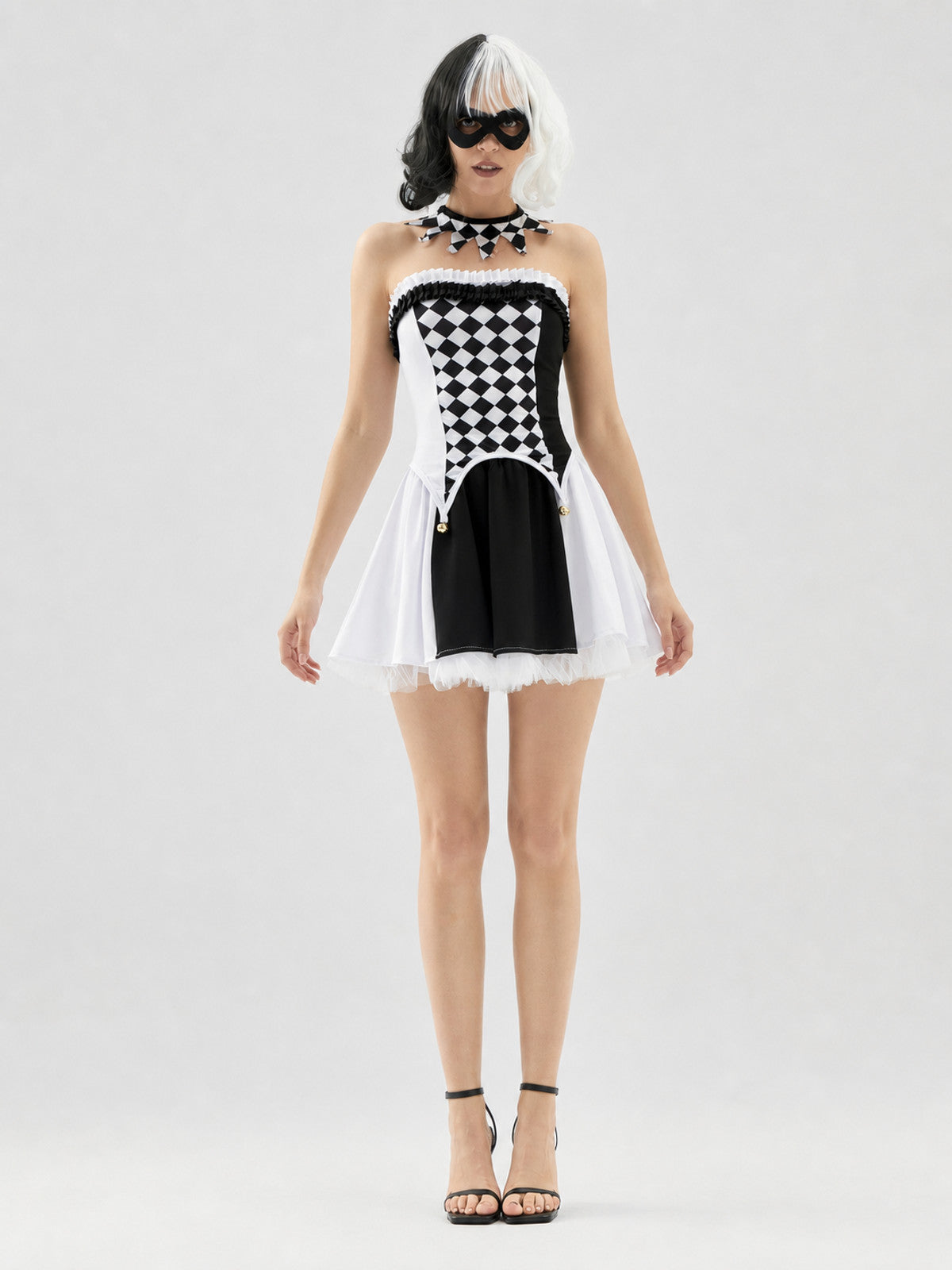 Black-and-White Carnival Dress with Diamond Pattern front view