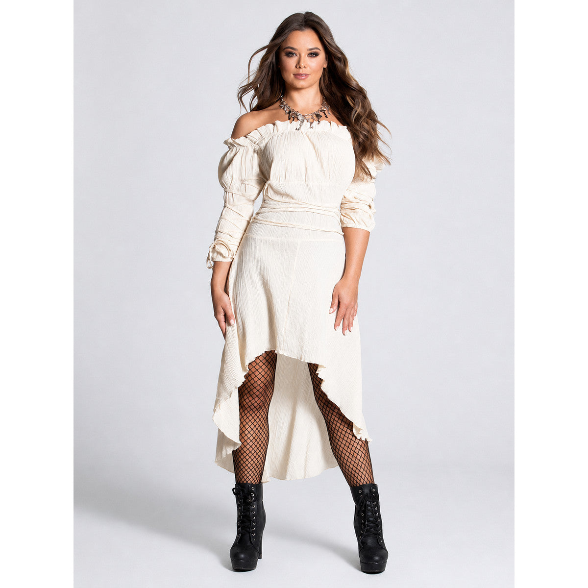 Long Off-the-Shoulder Dress with an Asymmetrical Hem