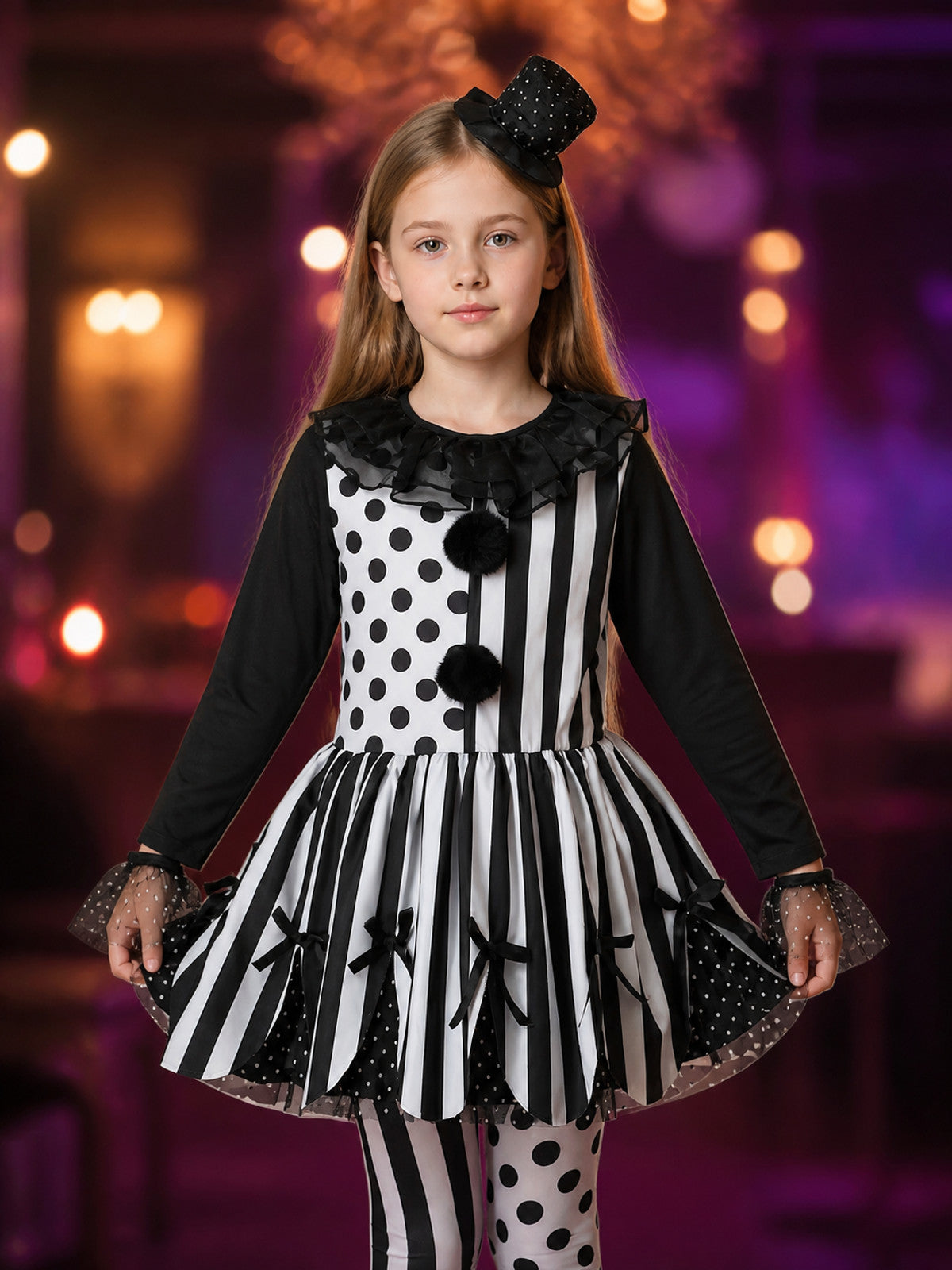 Kids Clown Costume Set, Polka Dot Stripe Dress With Hat on-model view