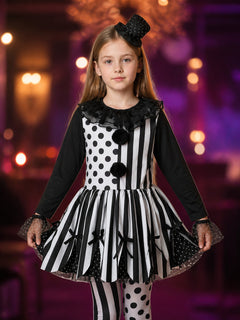 Kids Clown Costume Set, Polka Dot Stripe Dress With Hat