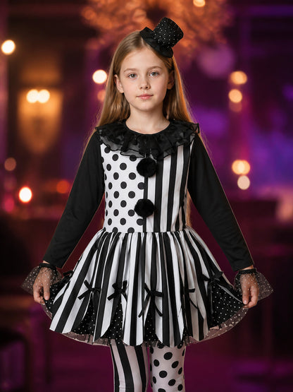 Kids Clown Costume Set, Polka Dot Stripe Dress With Hat on-model view