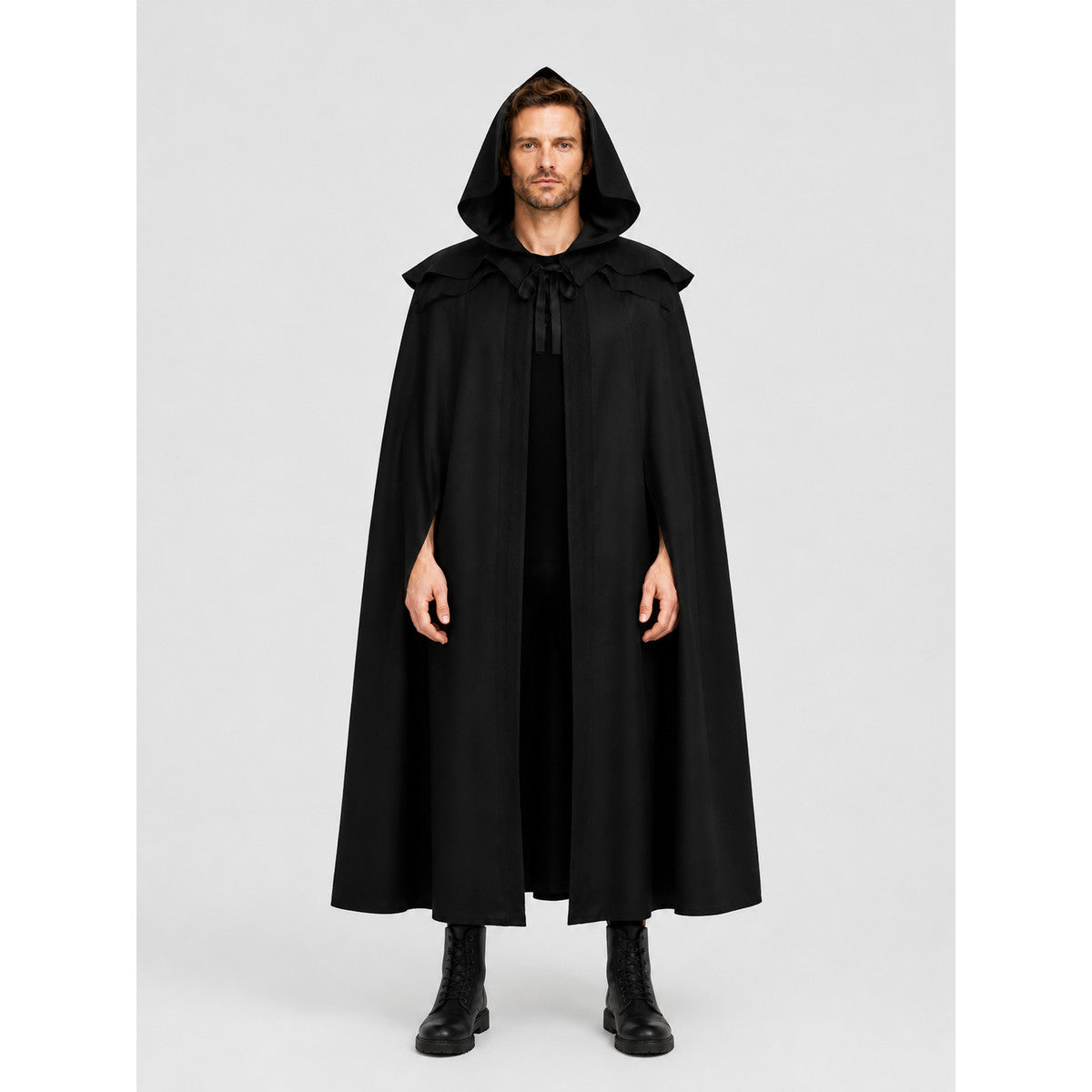 Long Gothic Black Hooded Cloak Cape on-model view