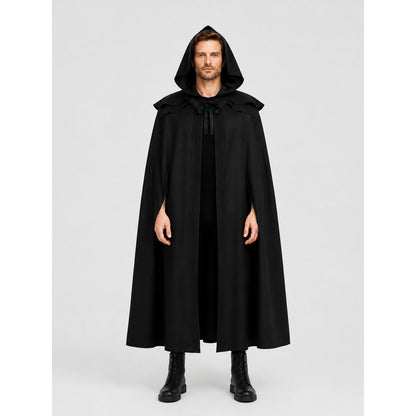 Long Gothic Black Hooded Cloak Cape on-model view