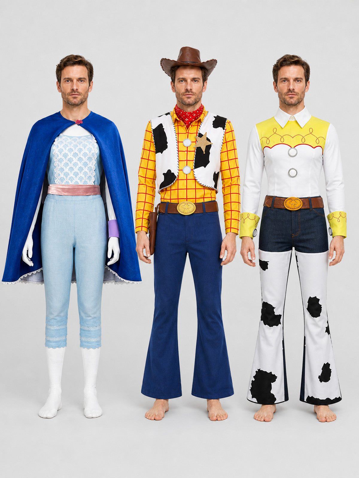 Toy Story Woody, Bo Peep, and Jessie Cosplay Costume on-model view