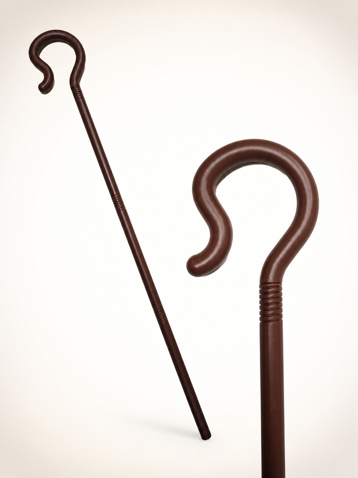 Dark Brown Jesus Scepter Cane Prop, Bent Hook Handle With Ring Grooves, Long