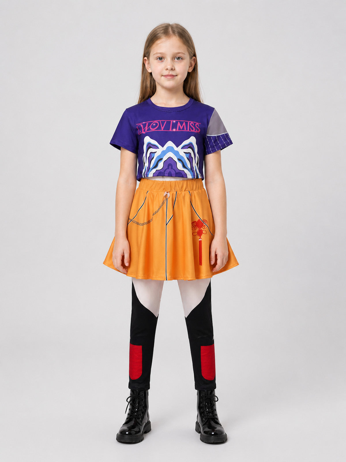 Kids' Costume: Purple T-Shirt and Orange Skort on-model view