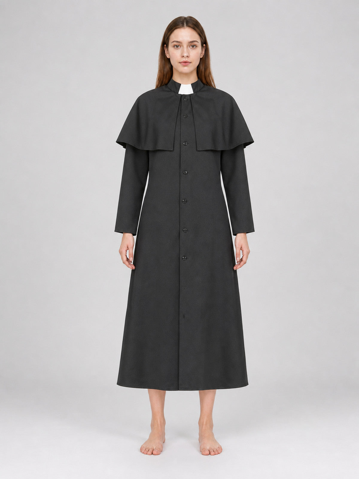 Black medieval-style costume designed to create a striking look for costume front view