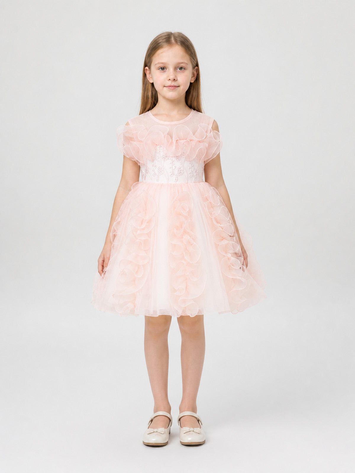 Dressy Princess Dress with Full Skirt and Flowers on-model view