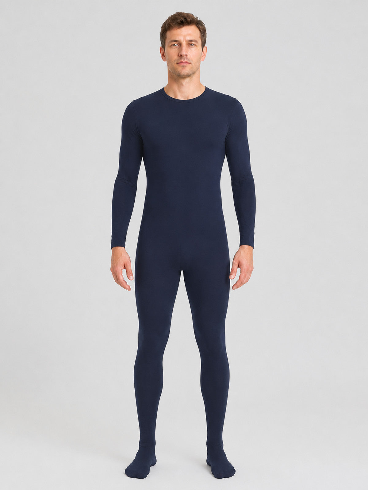 Dark Navy Blue Skin-Tight Zentai Jumpsuit with Feet on-model view