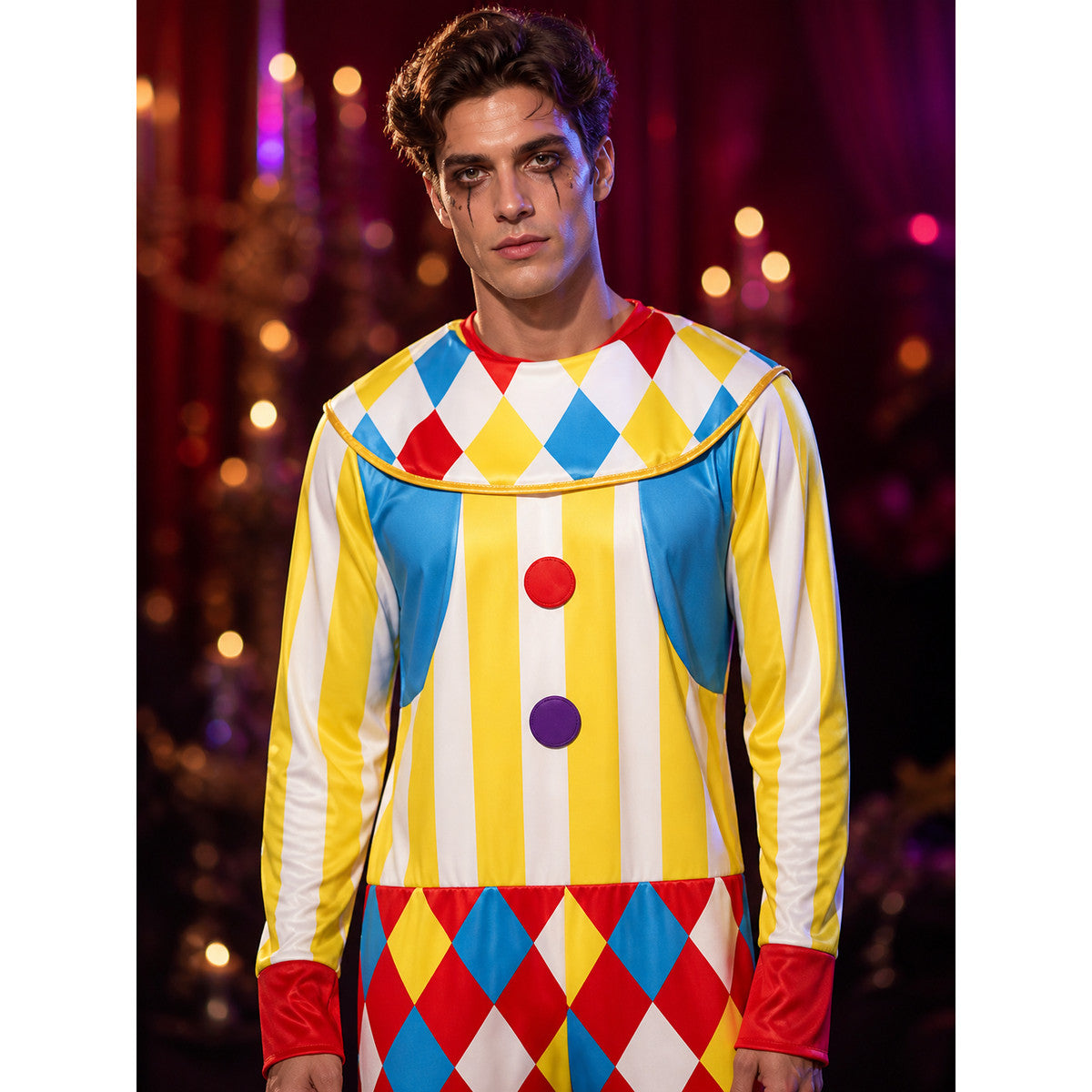 Unisex Clown Bodysuit Costume with Hat, Colorful Striped Jumpsuit for Halloween on-model view