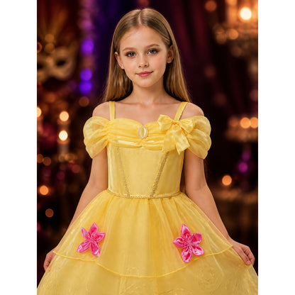 Girls Princess Costume Dress, Yellow Tutu with Pink Flowers - Halloween Party