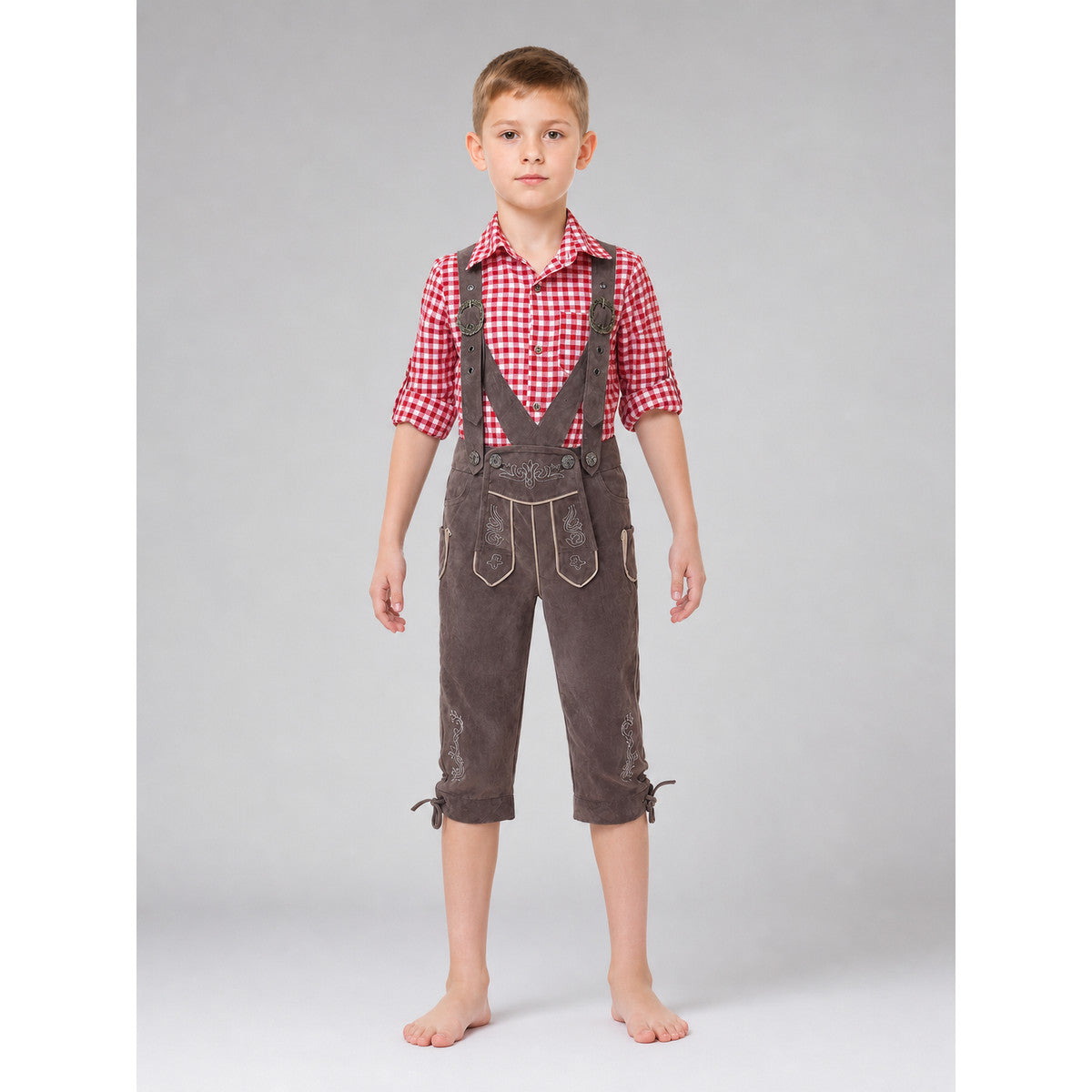 Alpine-style outfit: plaid shirt and pants