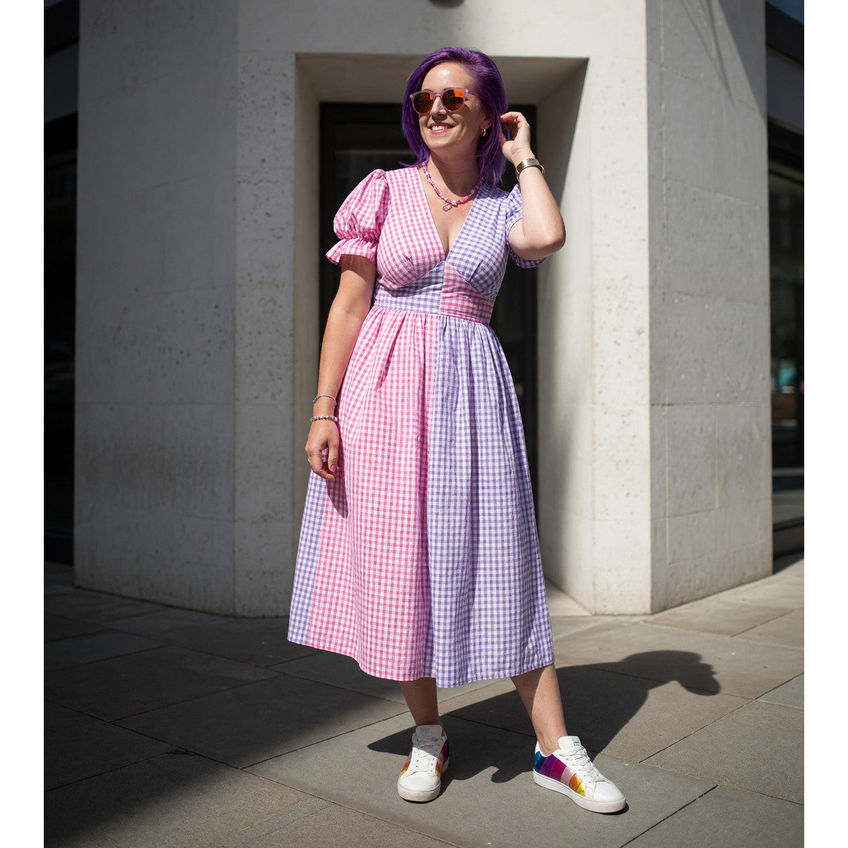 Midi Dress with a V-Neckline, Waist Emphasis, and Puff Sleeves main product view