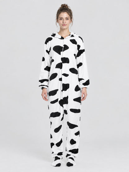 White pajama jumpsuit with black spots and a hood