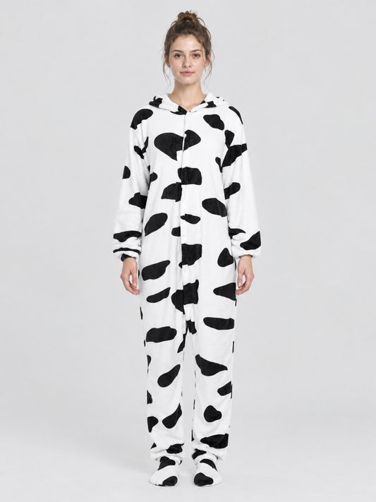 White pajama jumpsuit with black spots and a hood