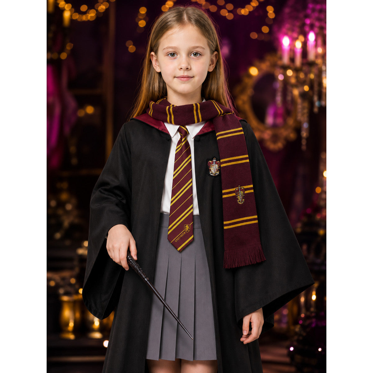 Kids Wizard Robe Costume Set With Tie, Scarf, Wand, Shirt And Skirt on-model view