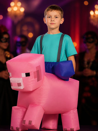 Kids' Pink Blocky Pig Jumpsuit Costume, Pixelated Halloween Outfit on-model view