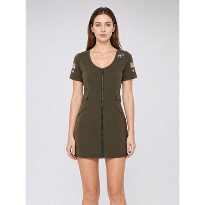 Military-Style Mini Dress with Zipper and Pockets front view