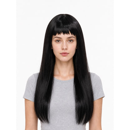 Black straight wig with blunt bangs shown from the front on a model wearing a gray T-shirt