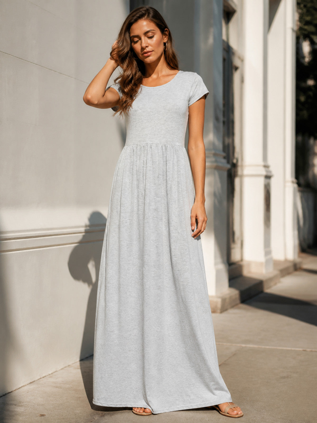 Women's Long Gray Dress with Short Sleeves