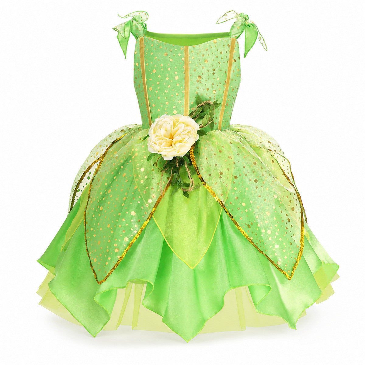 Girls' Green Forest Princess Dresses Fairy Elf Skirt Summer Glitter Mesh Princess Skirt Kid's Role Playing Performance Dress Set - Color:Fairy set 1