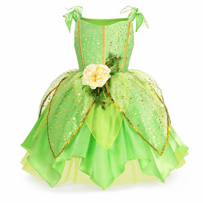 Girls' Green Forest Princess Dresses Fairy Elf Skirt Summer Glitter Mesh Princess Skirt Kid's Role Playing Performance Dress Set - Color:Fairy set 1