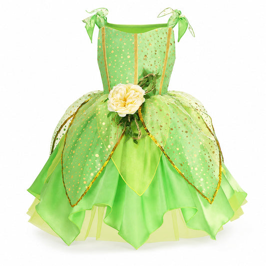 Girls' Green Forest Princess Dresses Fairy Elf Skirt Summer Glitter Mesh Princess Skirt Kid's Role Playing Performance Dress Set - Color:Fairy set 1