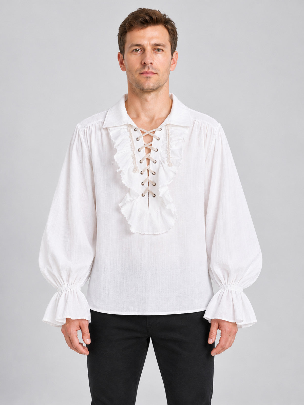 White shirt with puffy sleeves, collar, and lacing