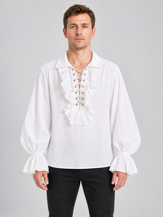 White shirt with puffy sleeves, collar, and lacing