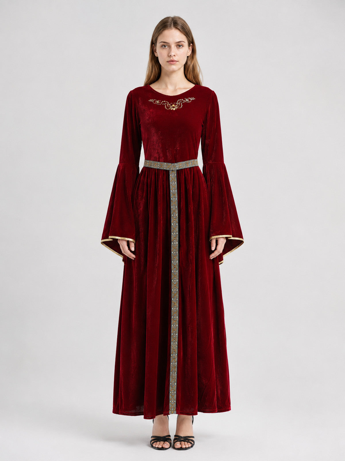 Burgundy Themed Dress with Flared Sleeves on-model view