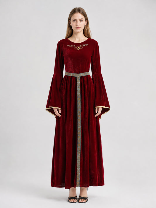 Burgundy Themed Dress with Flared Sleeves on-model view
