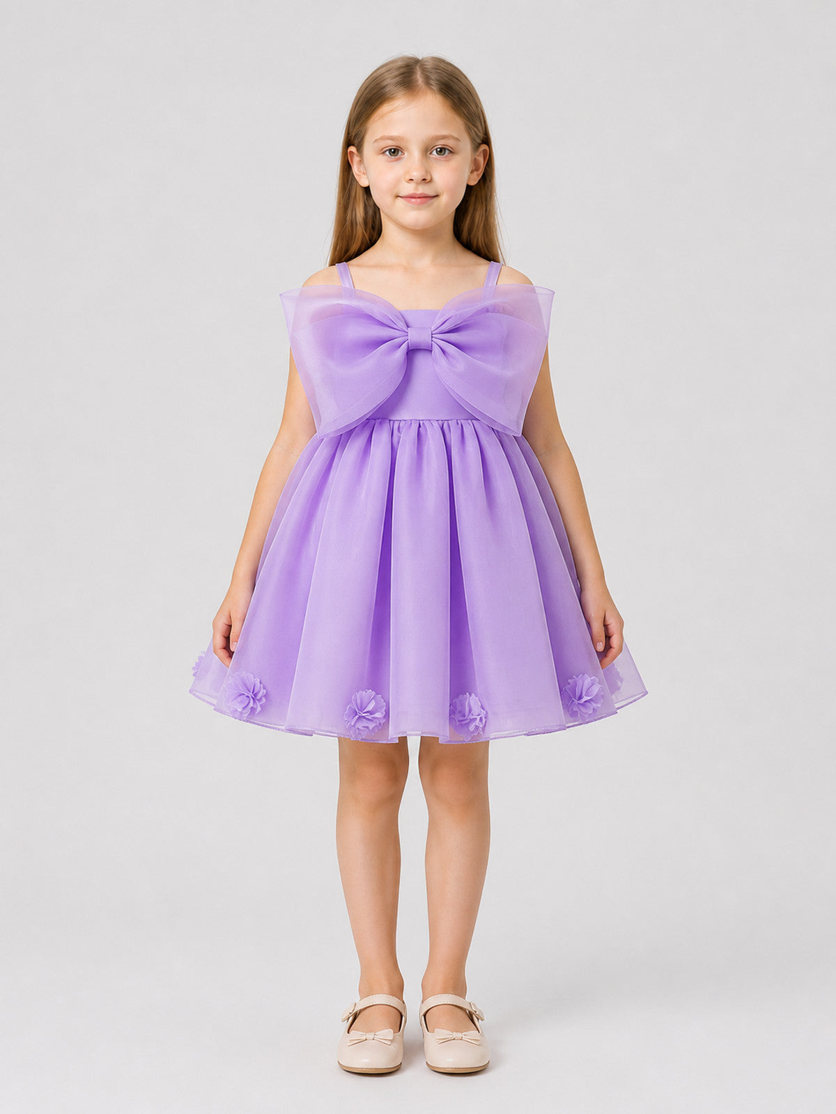 Full-skirted dress with bow and flowers, purple on-model view