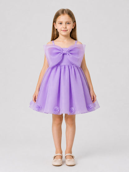 Full-skirted dress with bow and flowers, purple on-model view