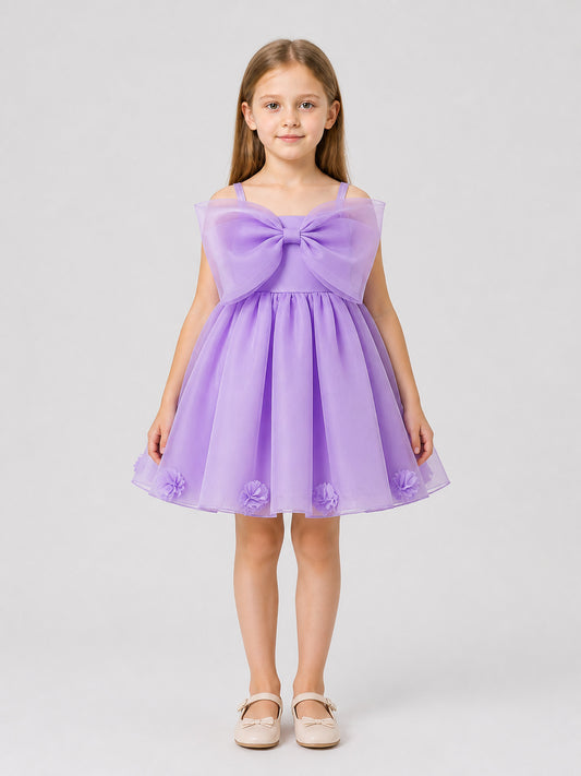 Full-skirted dress with bow and flowers, purple on-model view